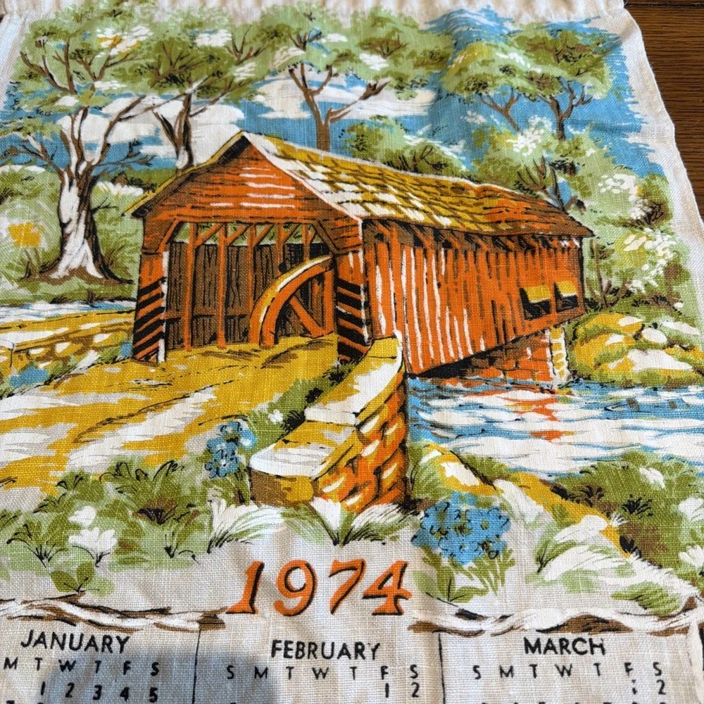 Vtg 1974 Covered Bridge Linen Tea Towel